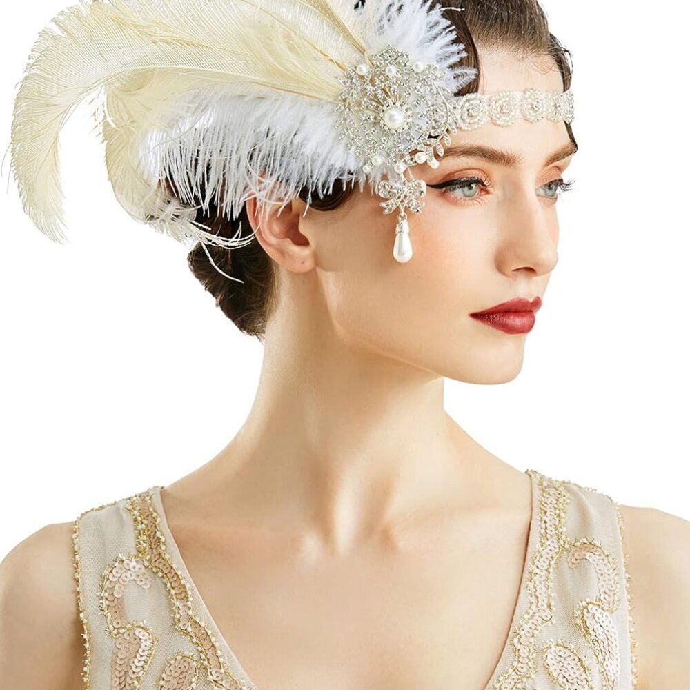Vintage Flapper Headband Feather Pearl 20s Gatsby Party Accessories
